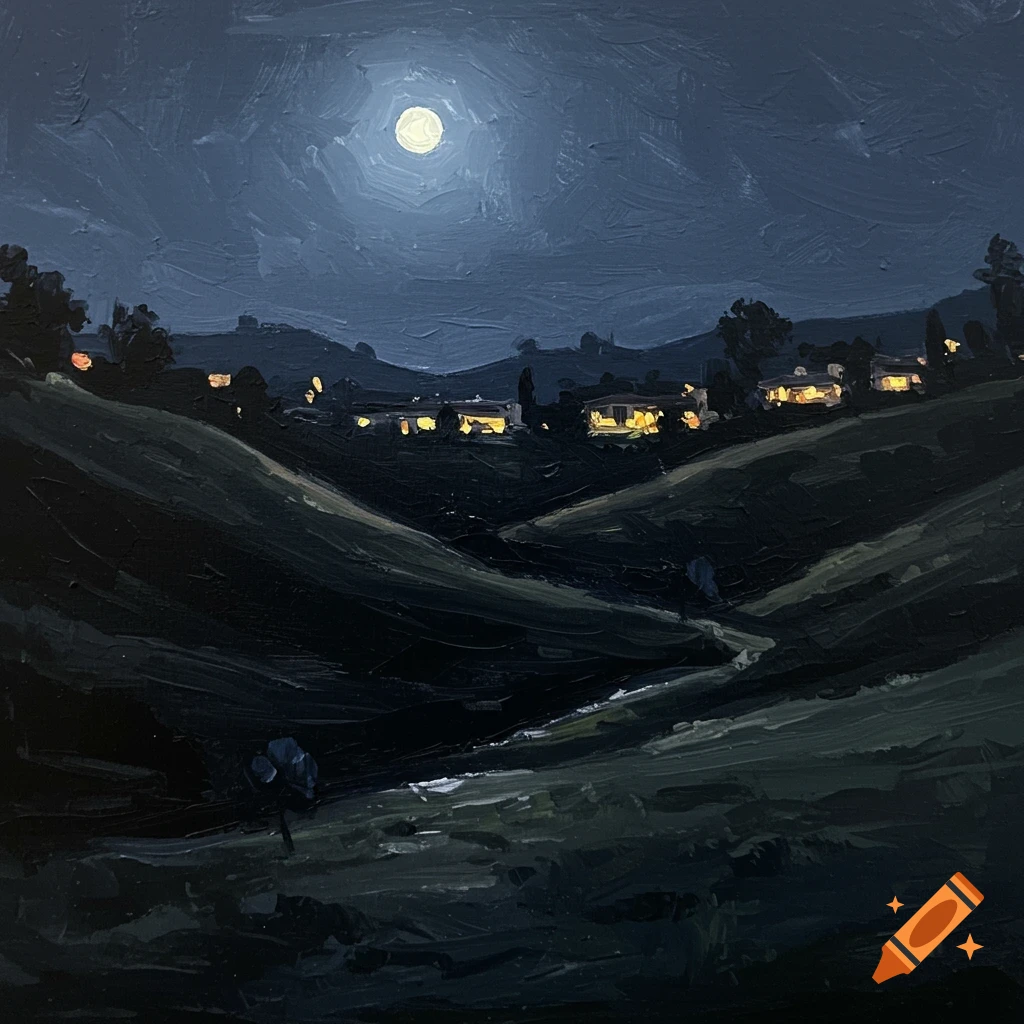 Oil painting with broad brushstrokes of a dark night landscape with a bright full moon over rolling hills and scattered houses with glowing windows.