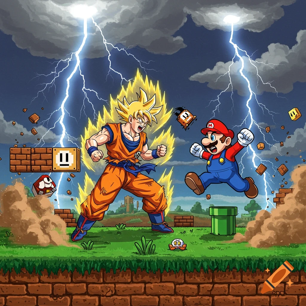 Super Saiyan Goku and Mario fighting in a pixelated Super Mario landscape with lightning.