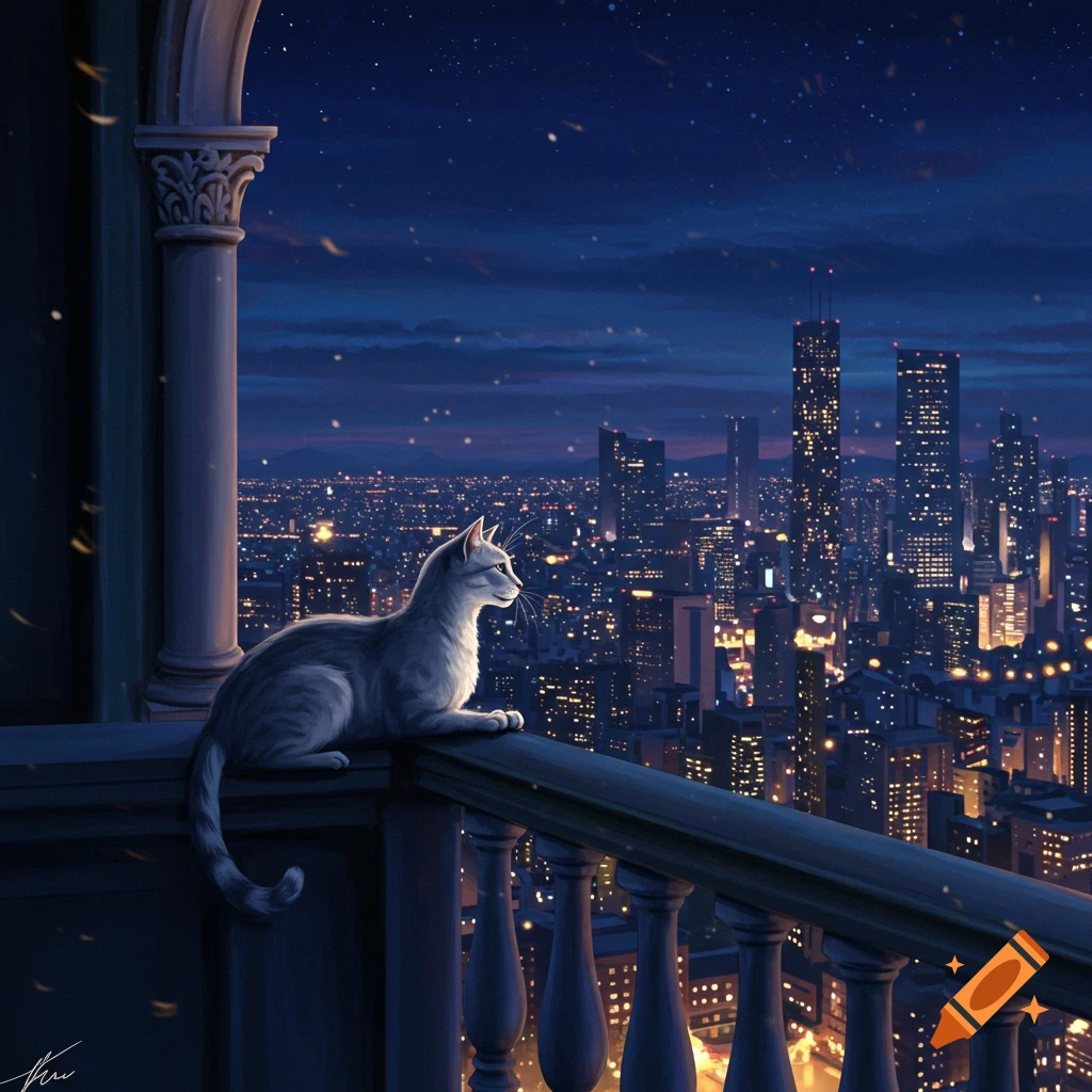A grey cat sits on a balcony railing, gazing at a vibrant city skyline illuminated at night, in a digital art style.