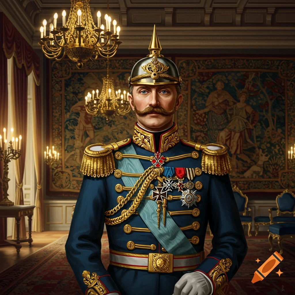 Portrait of a man in an elaborate blue and gold German military uniform with a spiked helmet, medals, and mustache, in a regal room.