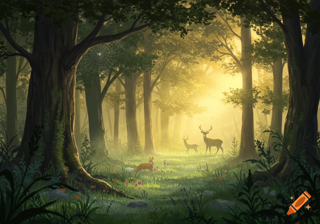 Sunlight streams through a magical forest, illuminating a clearing where a deer, a fawn, and a fox graze among wildflowers.