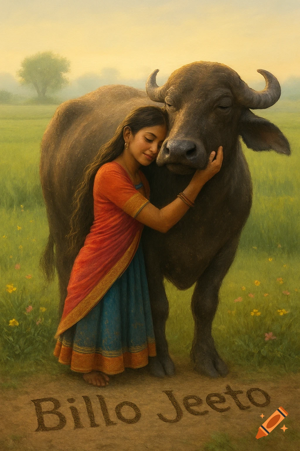 A young Indian girl in traditional clothing cuddles a water buffalo in a green field, with 'Billo Jeeto' on the ground.