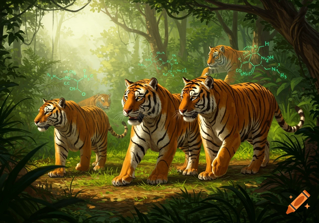 Multiple majestic tigers walk through a lush jungle, with glowing chemical molecular structures floating in the air.