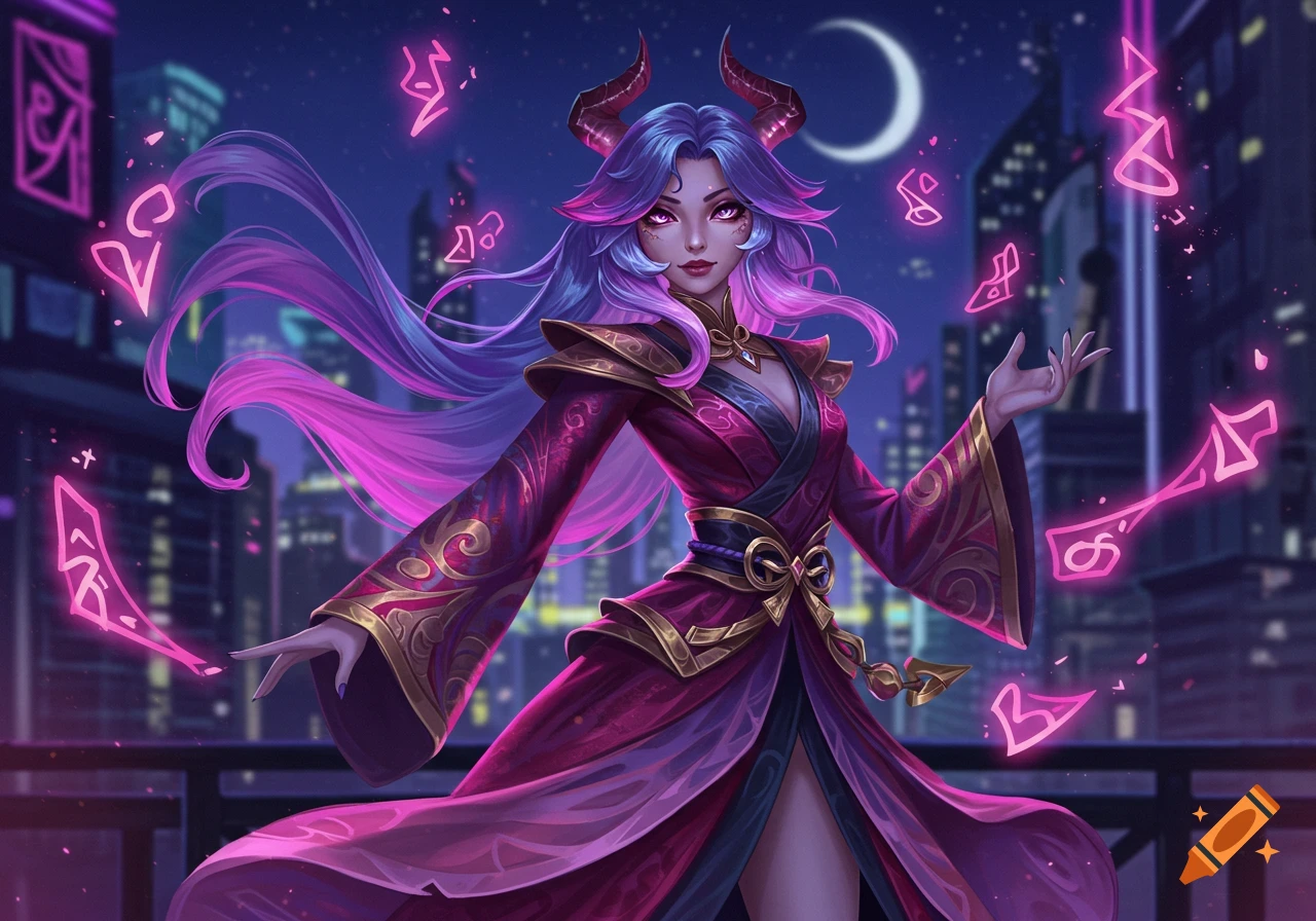 A demon-like woman with long purple hair, horns, and a detailed magenta and gold robe, stands in a neon-lit city at night, surrounded by glowing pink magical symbols.