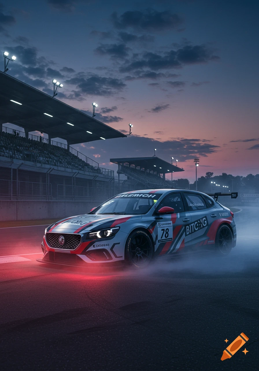 A silver and red race car with number 78 on a track at dusk, with stadium lights and smoke.