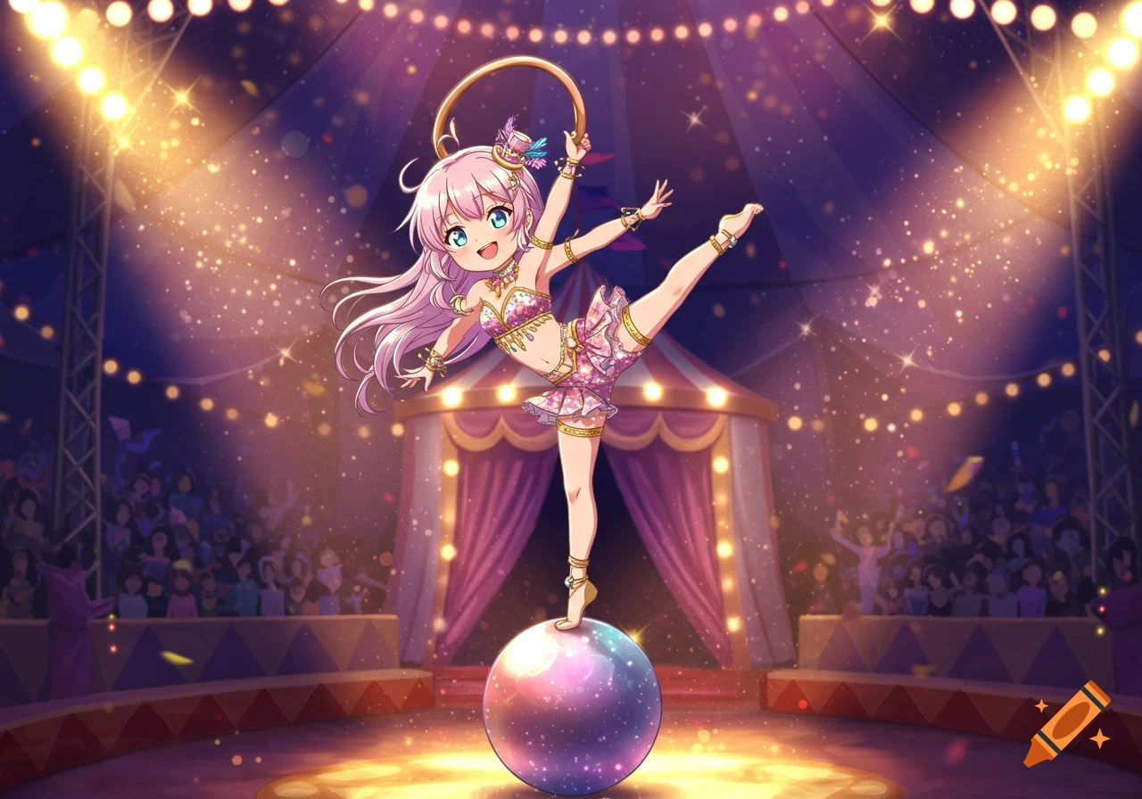 Cute anime girl with long pink hair balancing on a sparkling ball in a circus tent, performing for an audience.