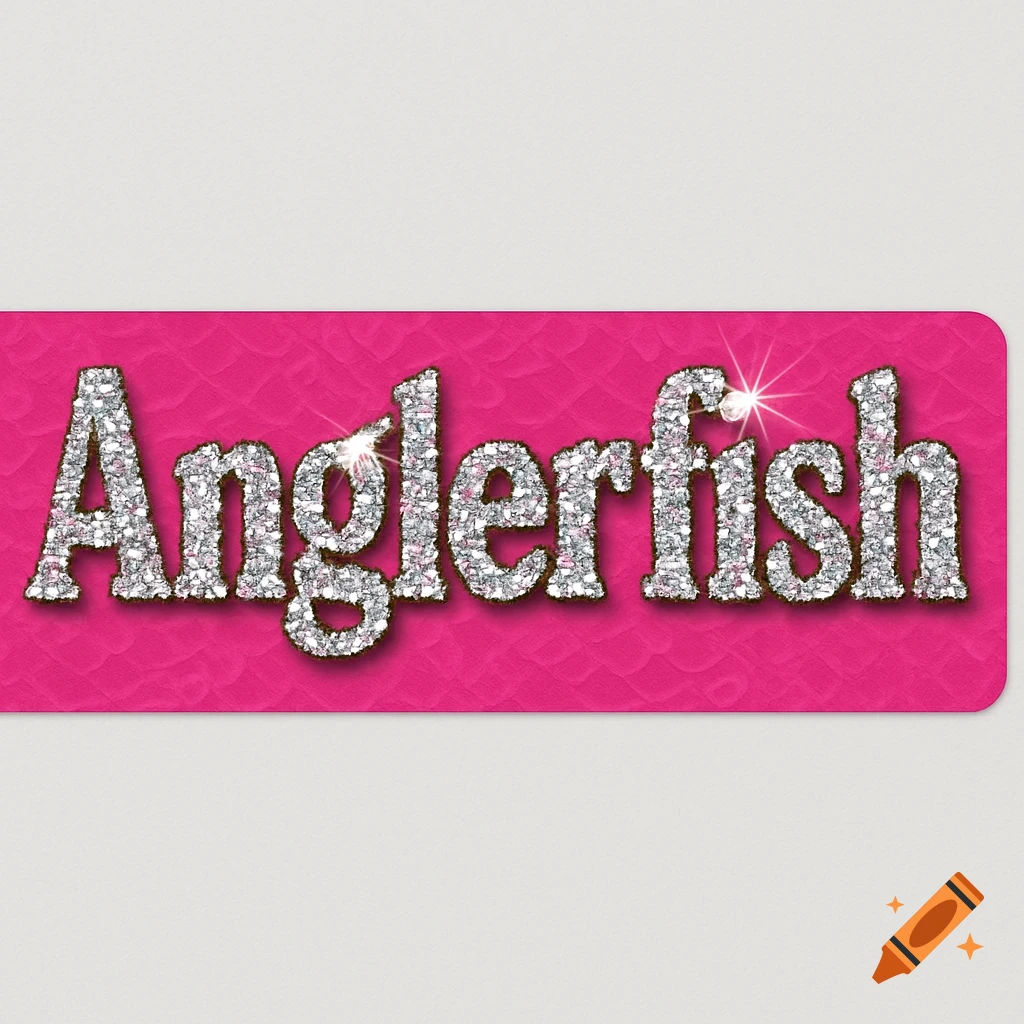 Bumper sticker with 'Anglerfish' in glittering silver rhinestones on a hot pink background.