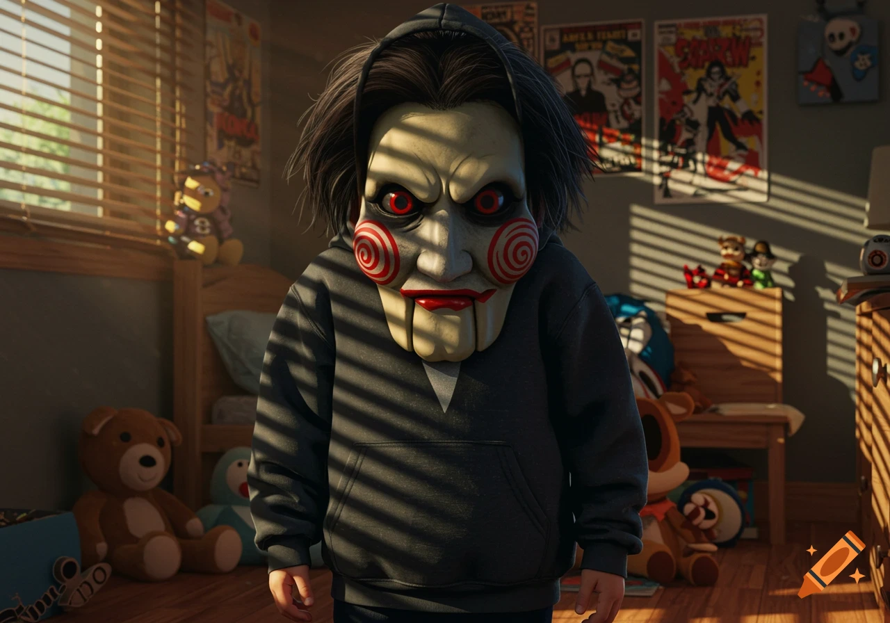 A child in a black hoodie wearing a creepy Billy the Puppet mask from Saw, standing in a sunlit bedroom filled with toys and movie posters.