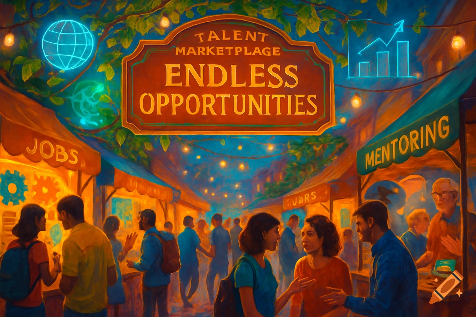 A vibrant, painterly illustration of a talent marketplace with people, stalls, and signs like 'Jobs' and 'Mentoring' under 'Endless Opportunities'.