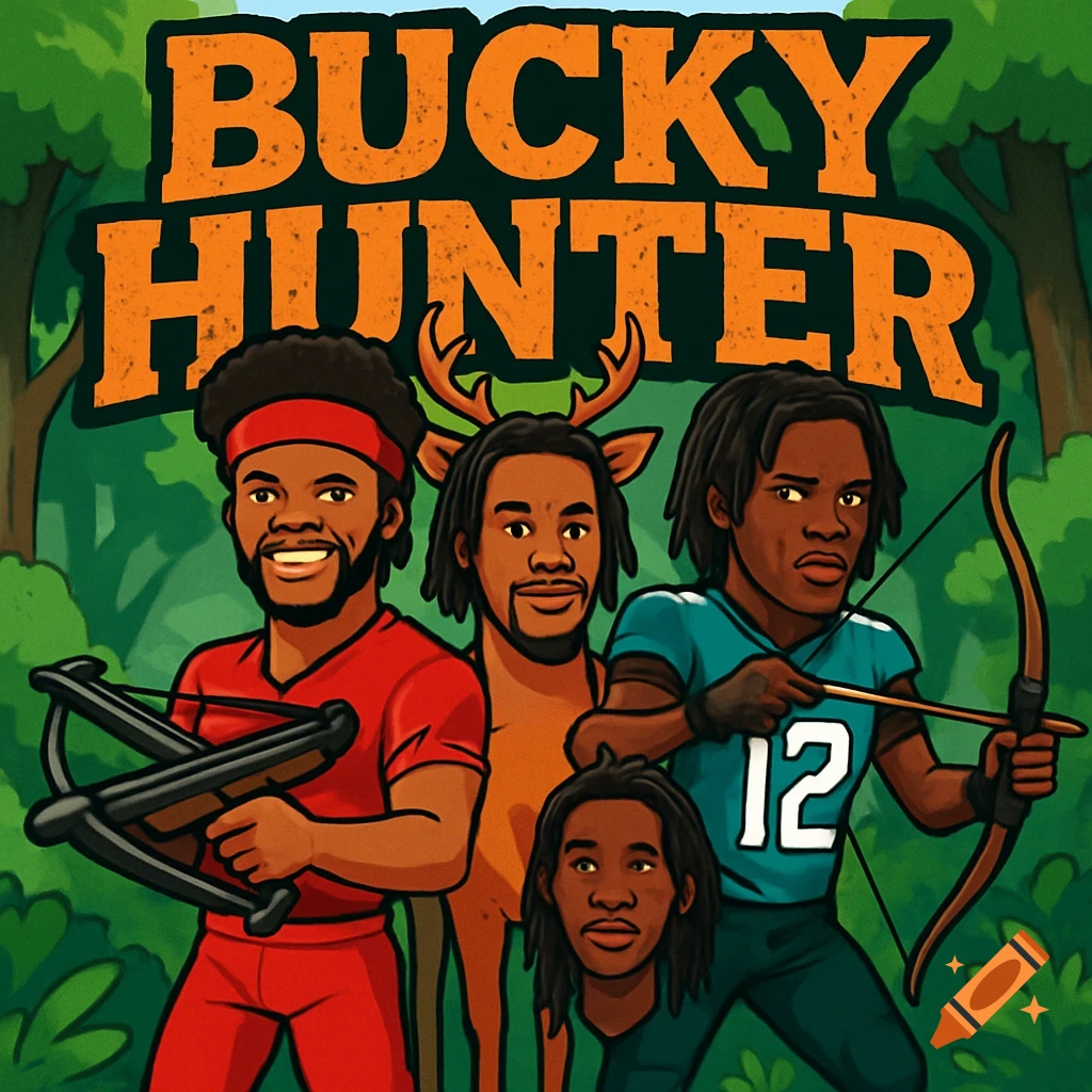 A cartoon image of four men, one with deer antlers, in a forest with hunting weapons, under the text 'BUCKY HUNTER'.