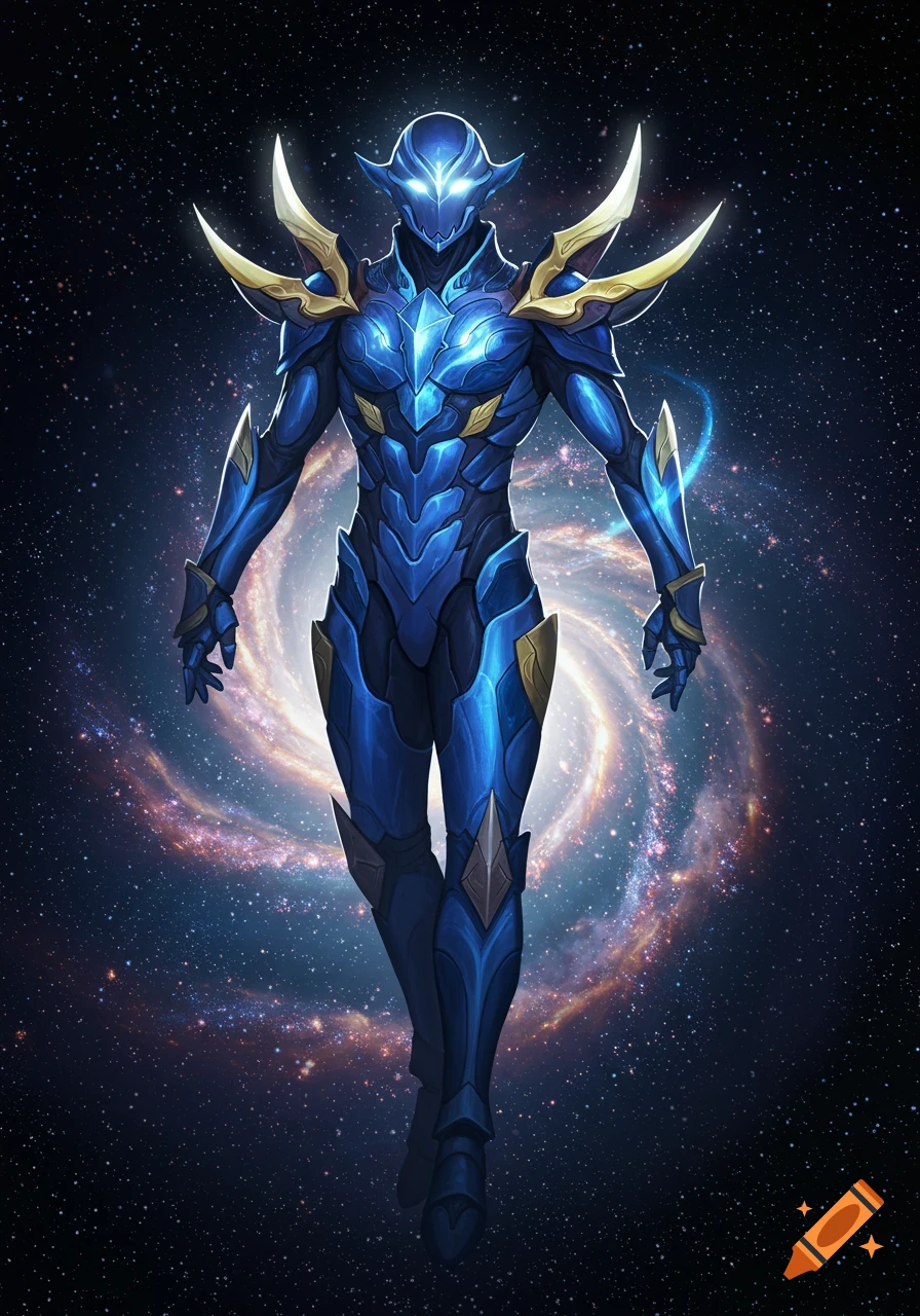 Full body shot of a blue and gold armored sci-fi warrior with glowing eyes floating in front of a galaxy.