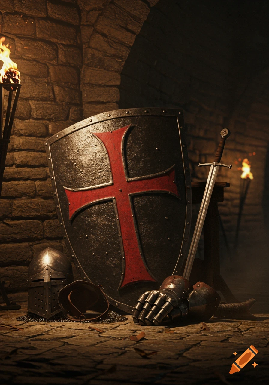 A photorealistic image of a medieval knight's shield with a red cross, sword, helmet, and gauntlets in a torch-lit stone dungeon.