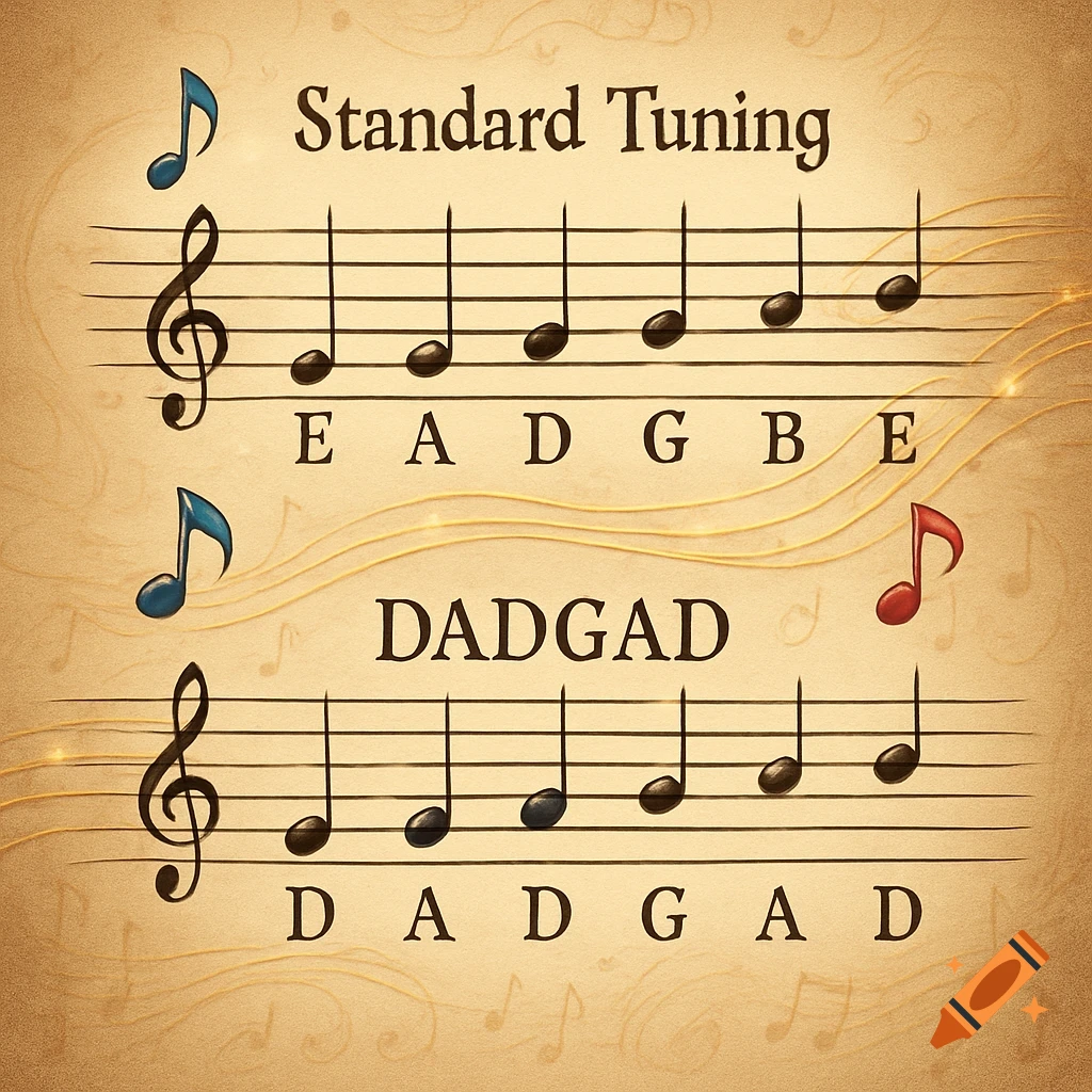 Two musical staves showing guitar tunings. The top staff displays Standard Tuning (EADGBE), and the bottom staff displays DADGAD tuning.