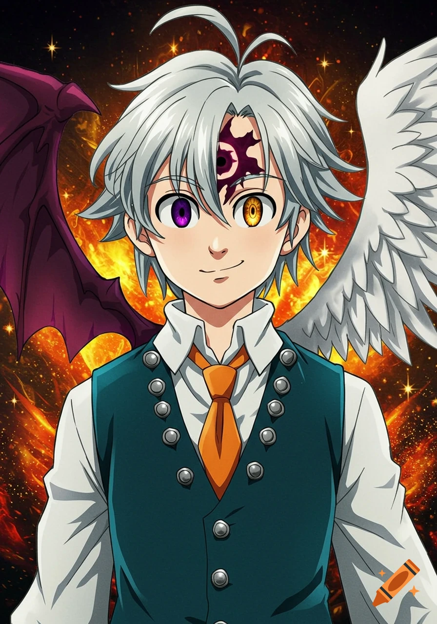 An anime boy with silver hair, heterochromia (purple and orange eyes), a forehead mark, a bat wing, and an angel wing, wearing a teal vest and orange tie, against a fiery, starry background.
