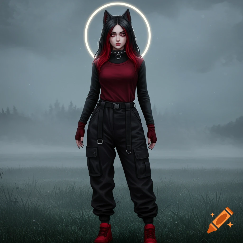 Gothic fantasy character with wolf ears, red eyes, black and red hair, black cargo pants, and red sneakers, standing in a foggy field under a glowing halo.