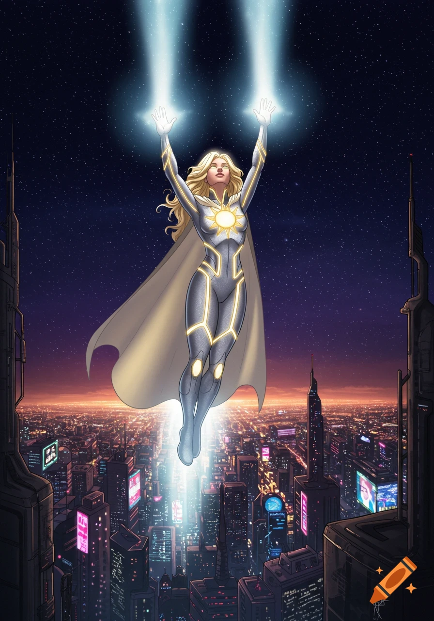 Female superhero Lumina in a silver suit and glowing cape flies over a futuristic city at night, radiating light. Digital art.