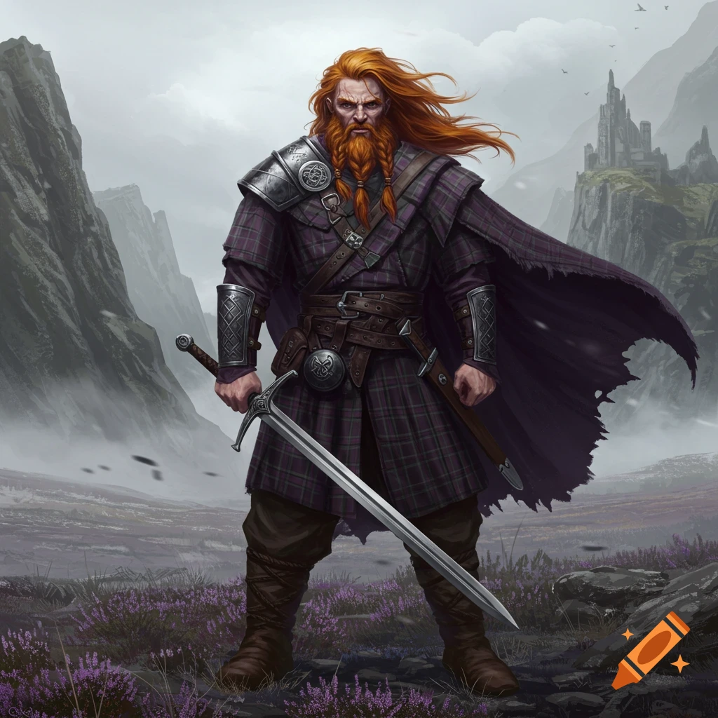 Red-haired Highland warrior in purple tartan and armor, holding a sword, stands amidst heather in a misty mountain scene with a castle.