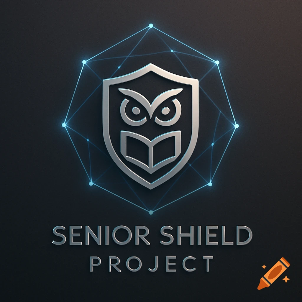 Metallic shield logo with an owl and an open book, framed by a blue glowing network, and "SENIOR SHIELD PROJECT" text.
