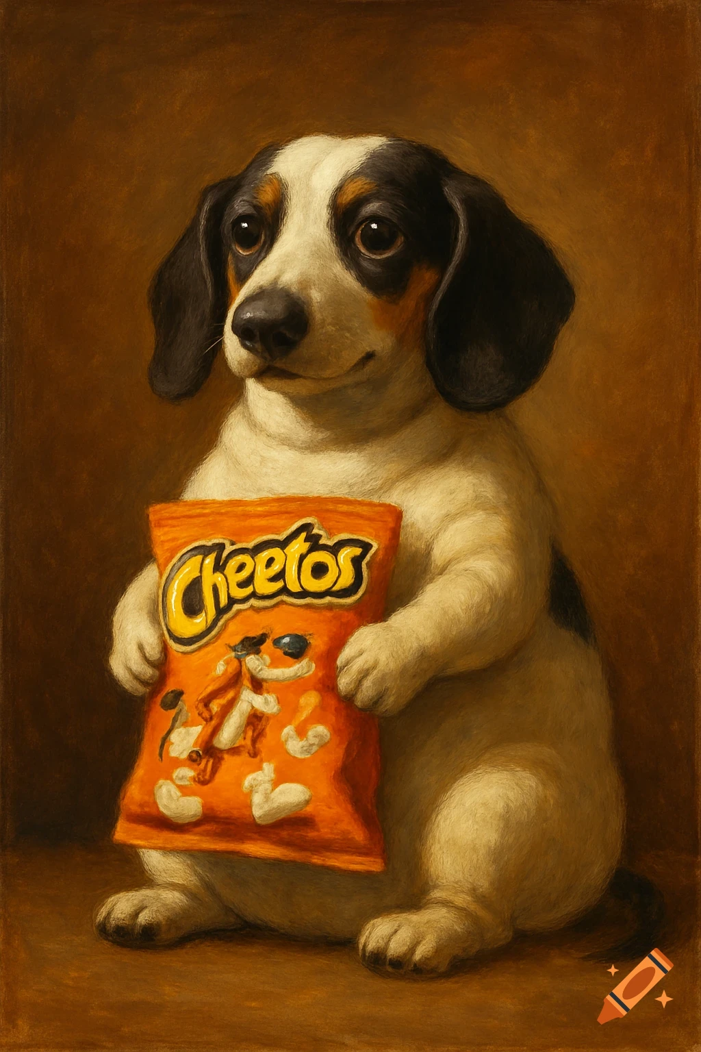 A stylized painting of a fat dachshund dog, white with black and tan markings, sitting upright and holding an orange Cheetos bag. Warm brown background.