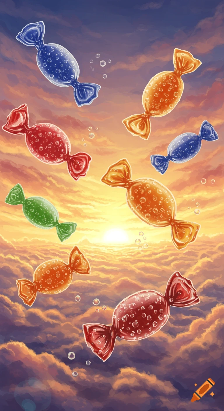 Colorful, fizzy candies float among vibrant orange and purple clouds during a sunset in a whimsical illustration.