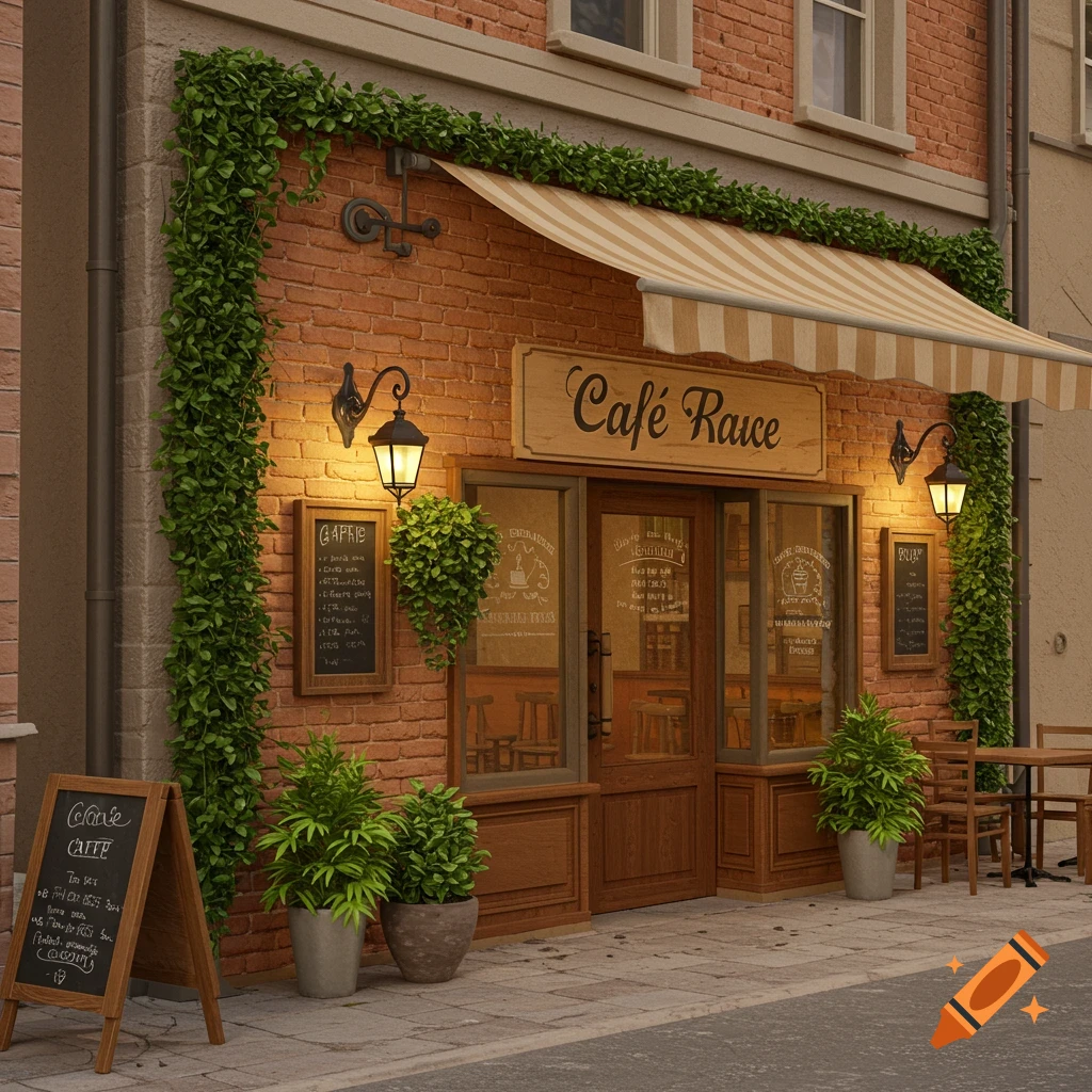 Photorealistic image of a cozy cafe storefront with a striped awning, brick wall, climbing ivy, lanterns, and potted plants. A sandwich board and blackboards display cafe information.