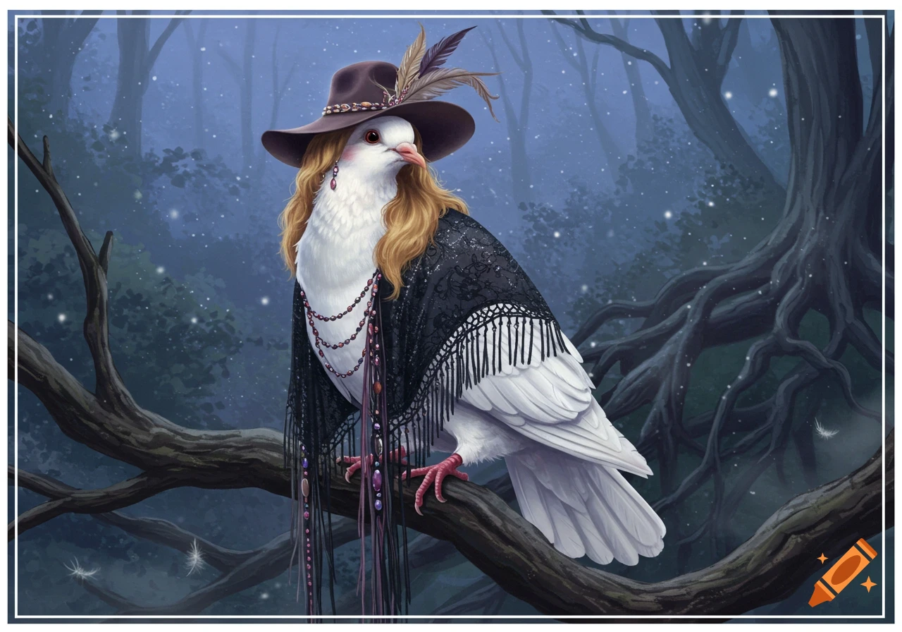 A white dove with blonde hair, wearing a feathered hat and fringed shawl, perches on a tree in a magical forest.