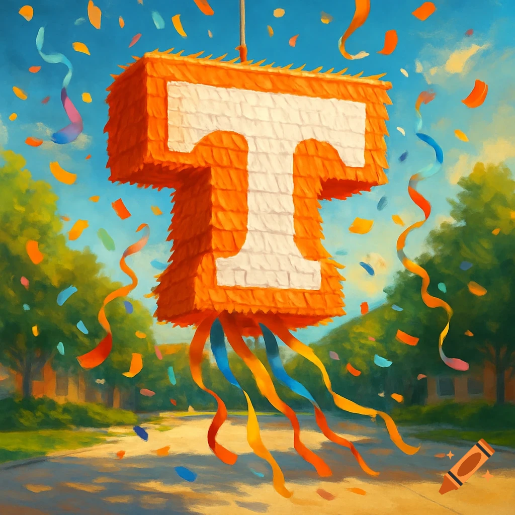 A vibrant orange piñata shaped like the letter 'T' hangs over a road, surrounded by colorful confetti and streamers under a blue sky, in a painterly style.