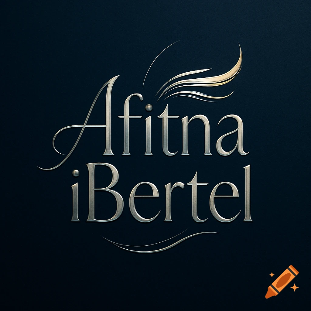 Elegant silver logo with 'Afitna iBertel' in stylized serif font and flourishes on a dark blue background.