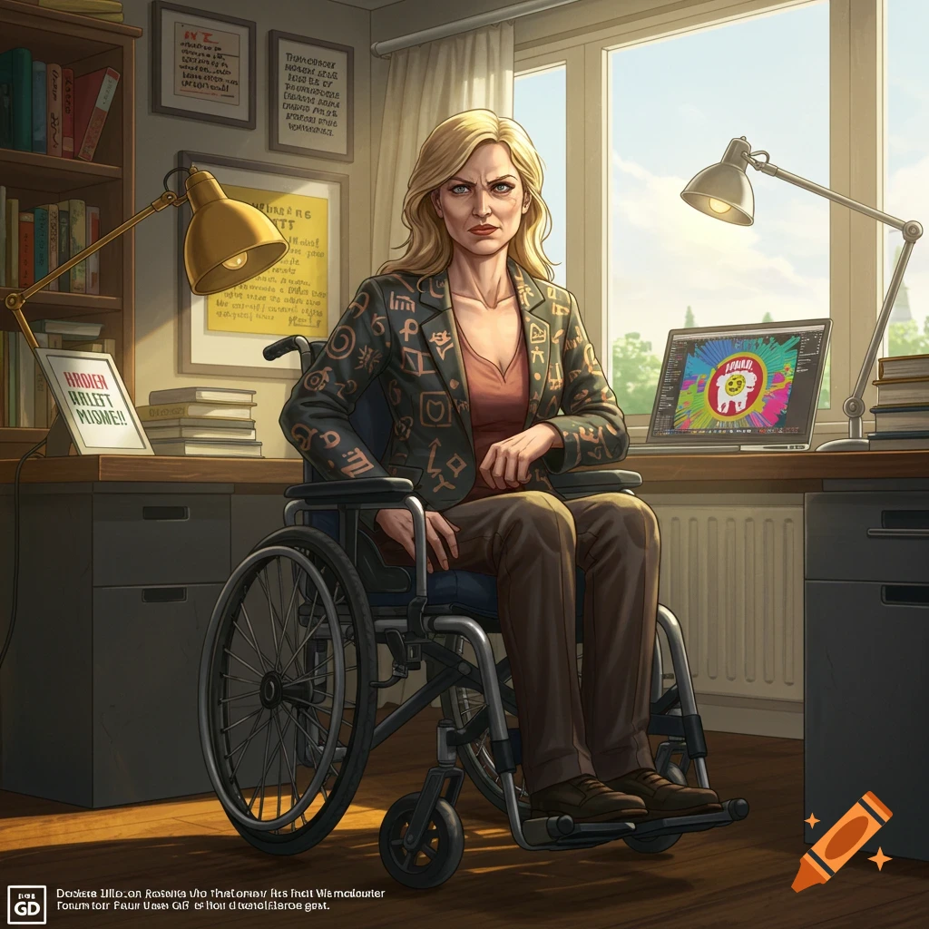 An angry blonde woman in a wheelchair sits at a desk in an office. She wears a patterned jacket. A laptop, books, and framed text are on the desk.