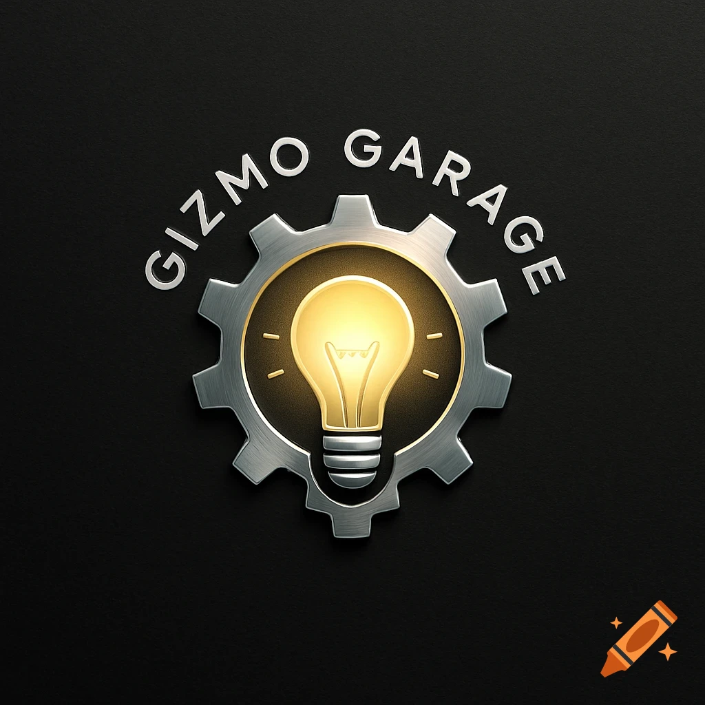 Logo for 'Gizmo Garage' featuring a glowing light bulb inside a metallic gear on a dark background.