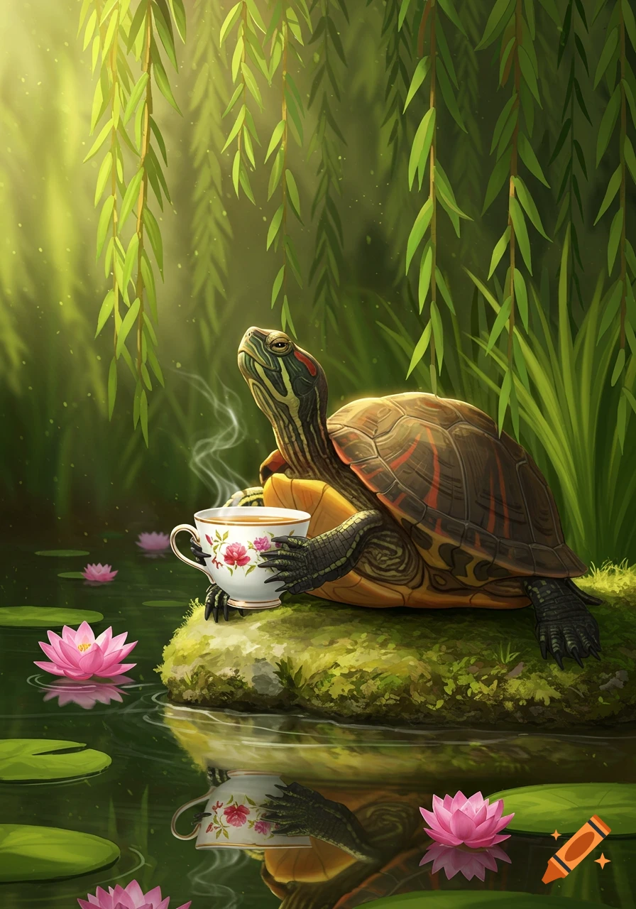 A whimsical illustration of a red-eared slider turtle sitting on a mossy bank, holding a steaming teacup by a pond with lotus flowers.