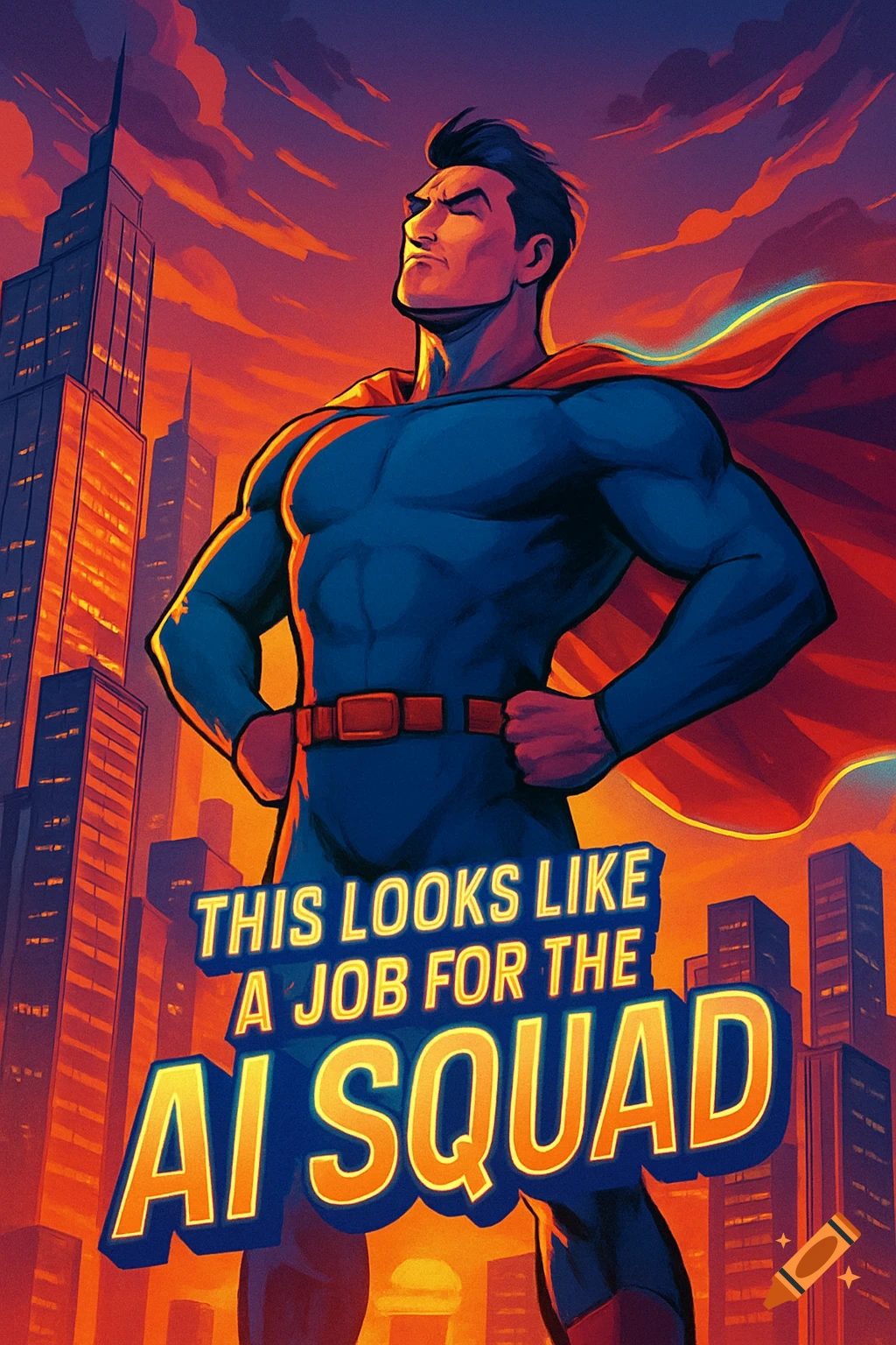 Comic art of a superhero in a blue suit and red cape posing against a sunset city skyline with text 'THIS LOOKS LIKE A JOB FOR THE AI SQUAD'.
