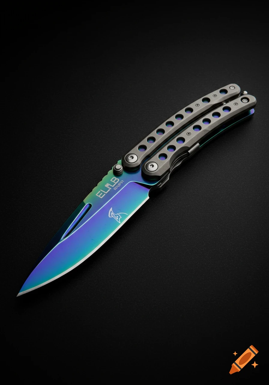 Photorealistic image of a butterfly knife with an iridescent rainbow blade and titanium handles on a black surface.