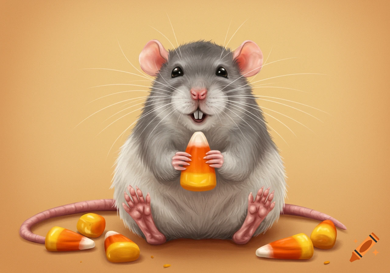 A cute fluffy gray and white rat sits holding a candy corn, surrounded by more candy corn on a light orange background.