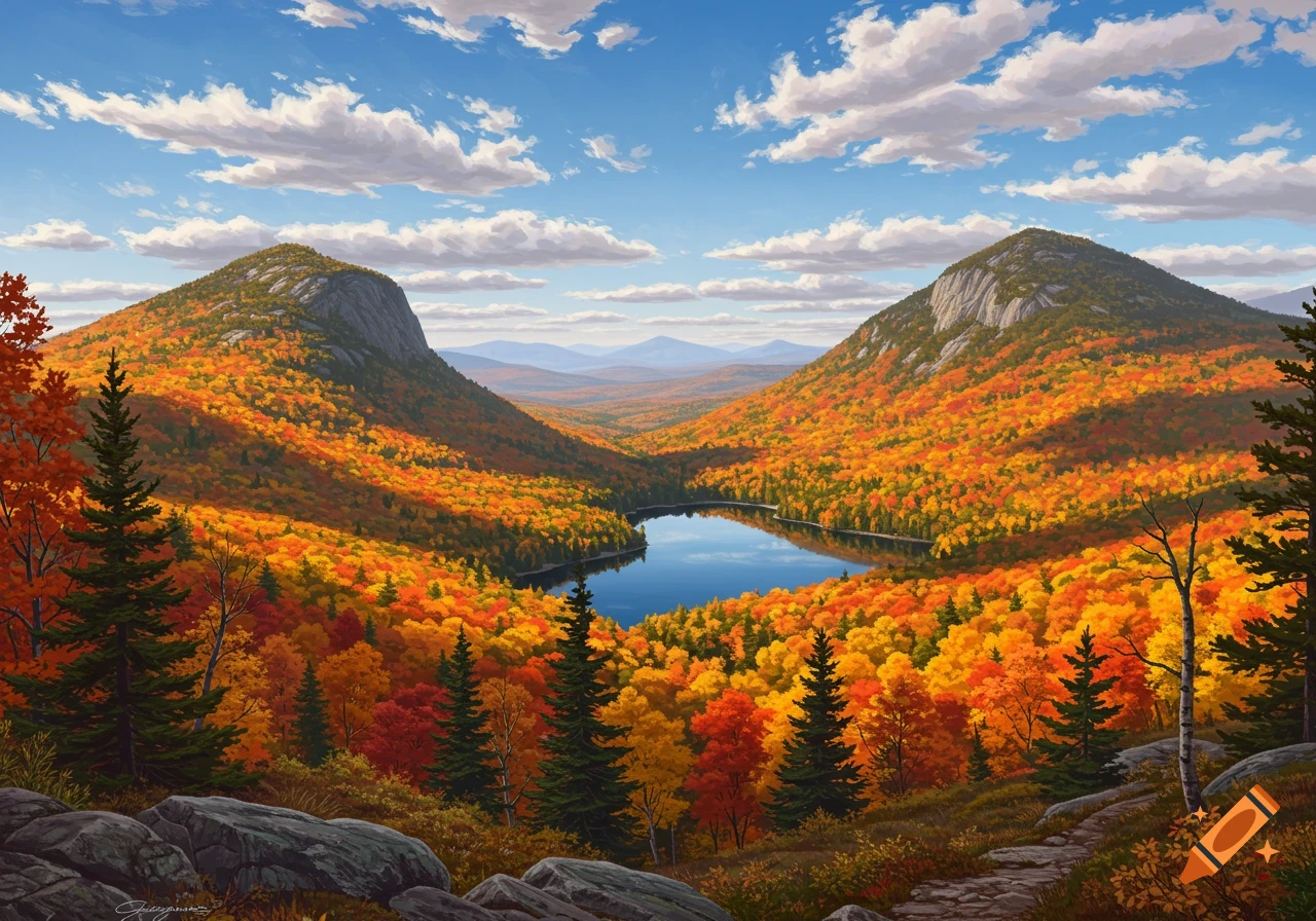 Vibrant fall landscape painting of mountains surrounding a serene lake, with trees ablaze in orange and red foliage under a blue sky.