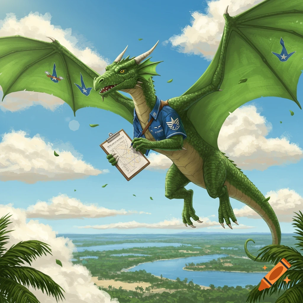 A green cartoon dragon in an Air Force uniform flies through a cloudy sky over a lush green landscape, holding a clipboard.