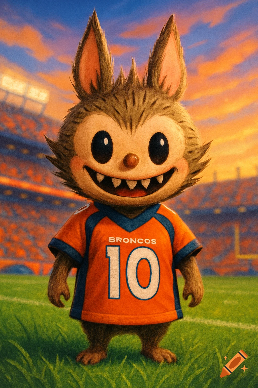 A cute, furry cartoon monster, resembling a Labubu, wearing an orange Denver Broncos football jersey with the number 10, stands on a grassy field in a stadium at sunset.