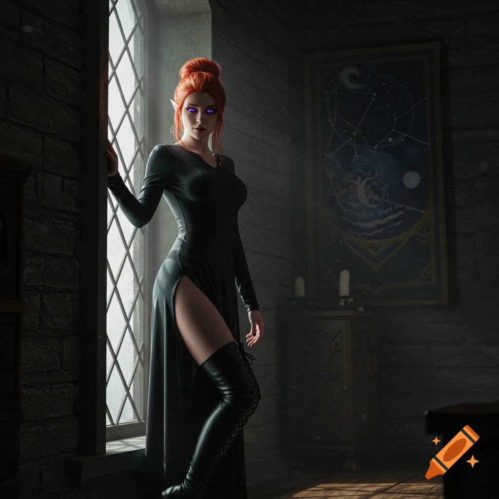 A red-haired elf woman with glowing purple eyes stands in a medieval room by a window, wearing a long black dress and thigh-high boots, in a fantasy art style.