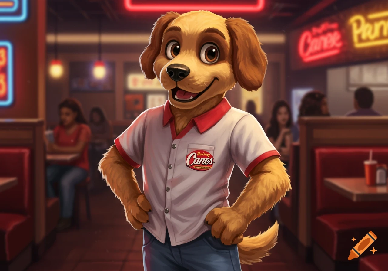 An anthropomorphic dog mascot wearing a white and red uniform with the 'Raising Cane's' logo, smiling in a restaurant setting.