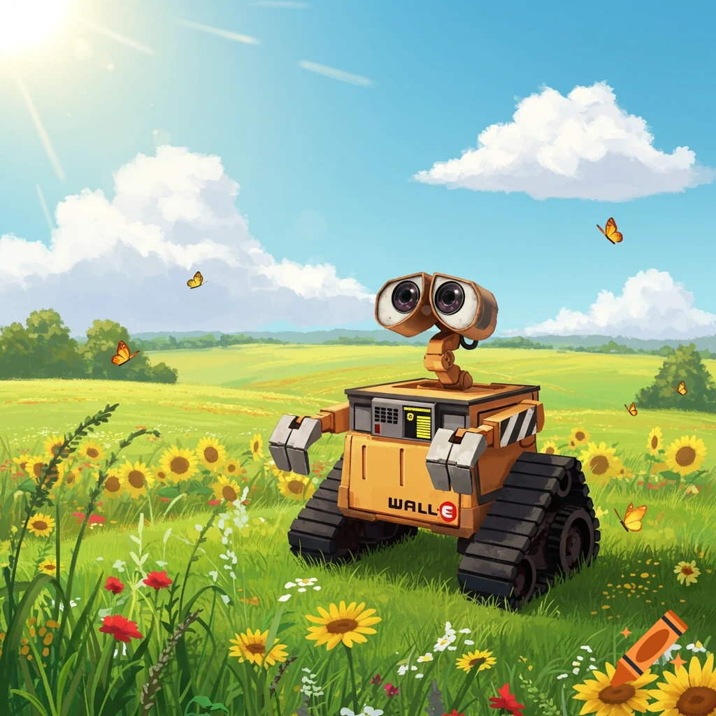 Animated robot WALL-E stands in a sunny field of sunflowers and wildflowers with butterflies.