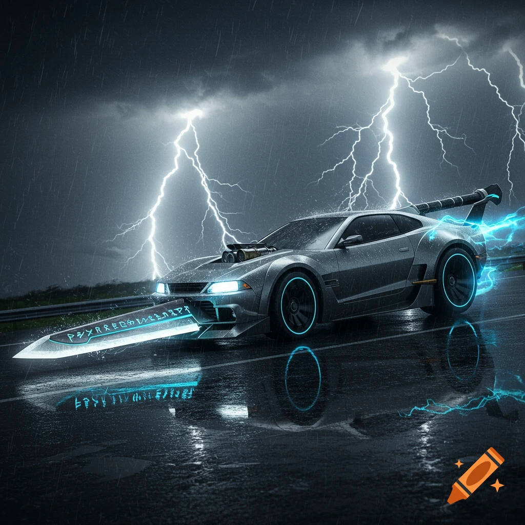 A futuristic gray car with a glowing blue sword attached to its front drives on a wet road during a stormy night with lightning.