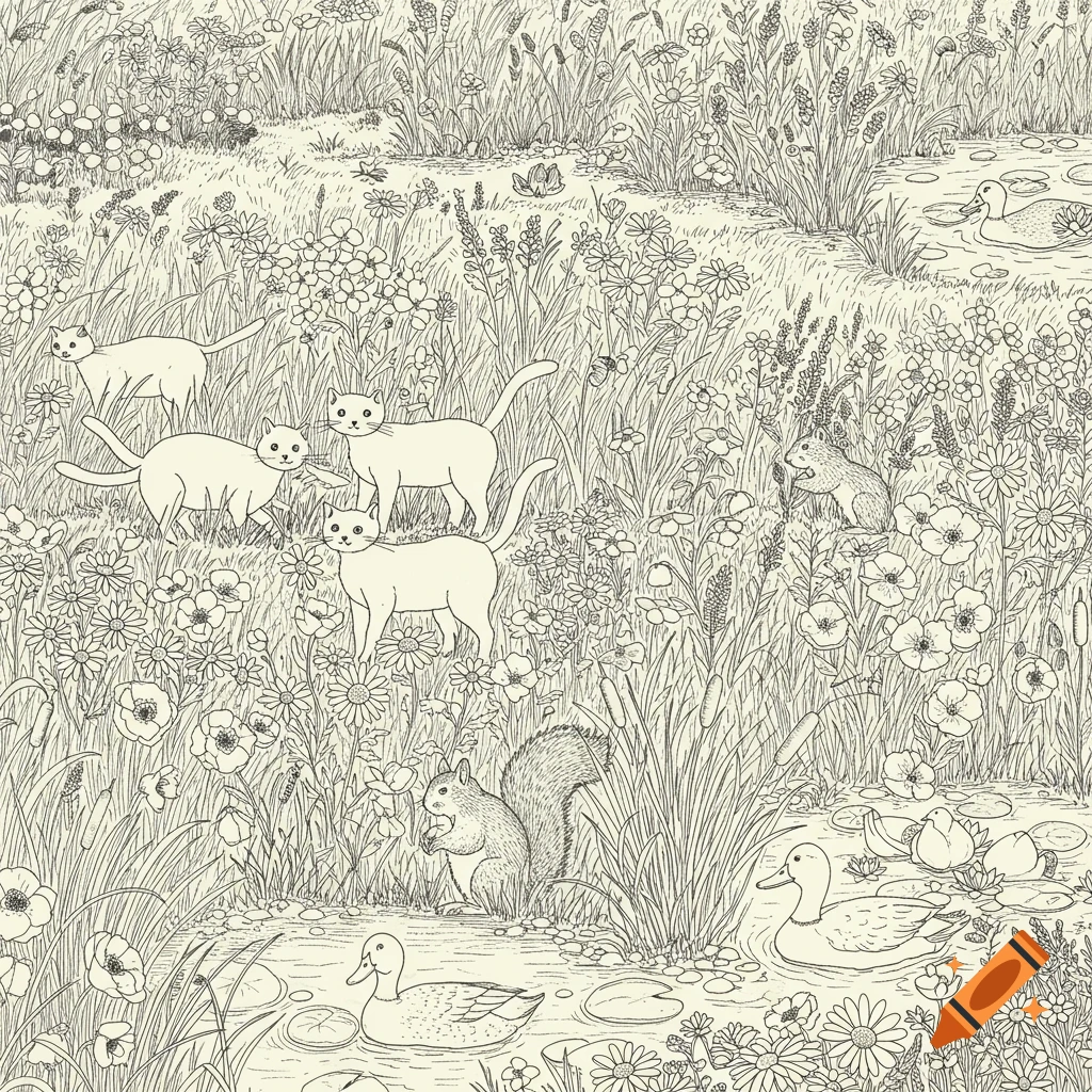 Whimsical line drawing of cats, ducks, and a squirrel in a wildflower meadow with ponds.