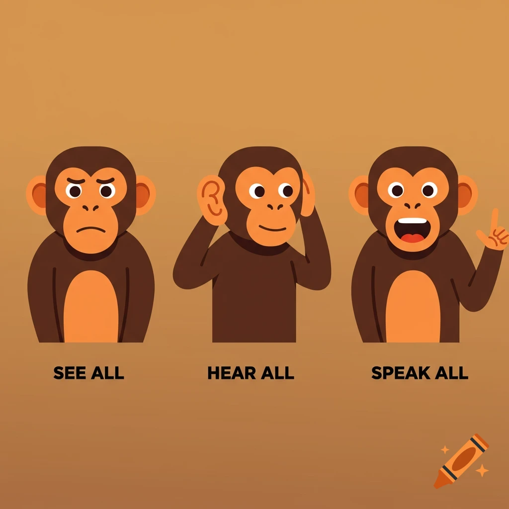 A cartoon of three brown monkeys in a row, symbolizing 'see all', 'hear all', and 'speak all', on a brown background.