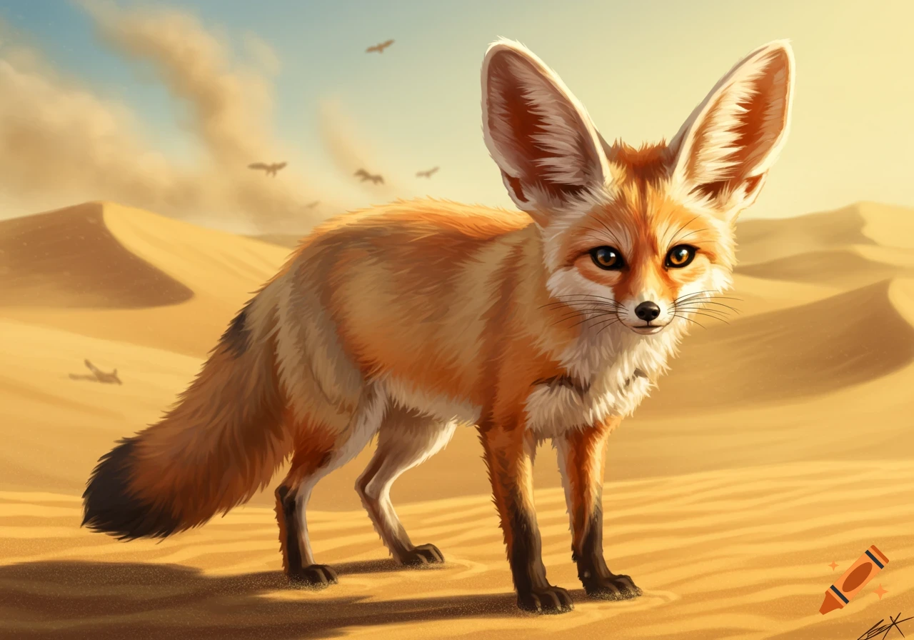 An illustrative fennec fox with large ears stands in a sunlit sandy desert landscape with distant dunes and birds.