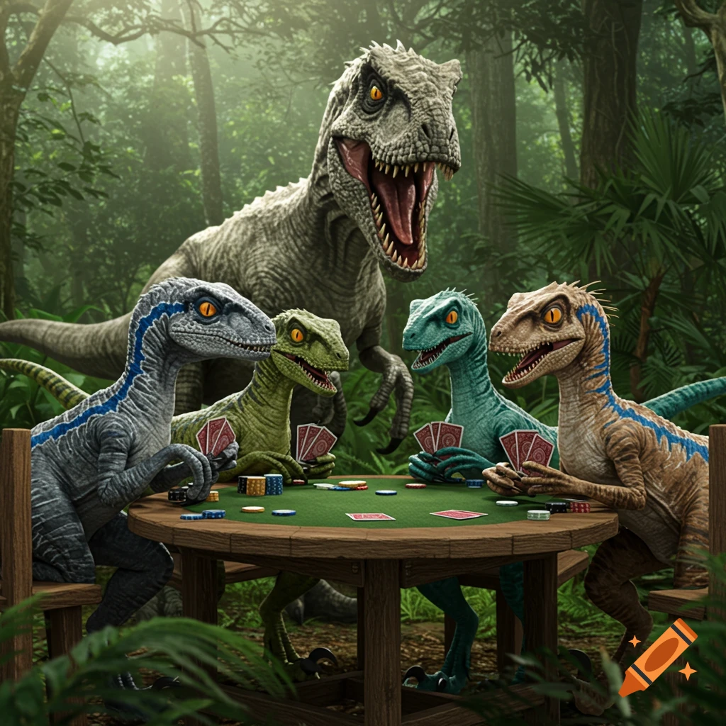 Photorealistic image of velociraptors playing poker at a table in a lush jungle, with a large Indominus Rex behind them.