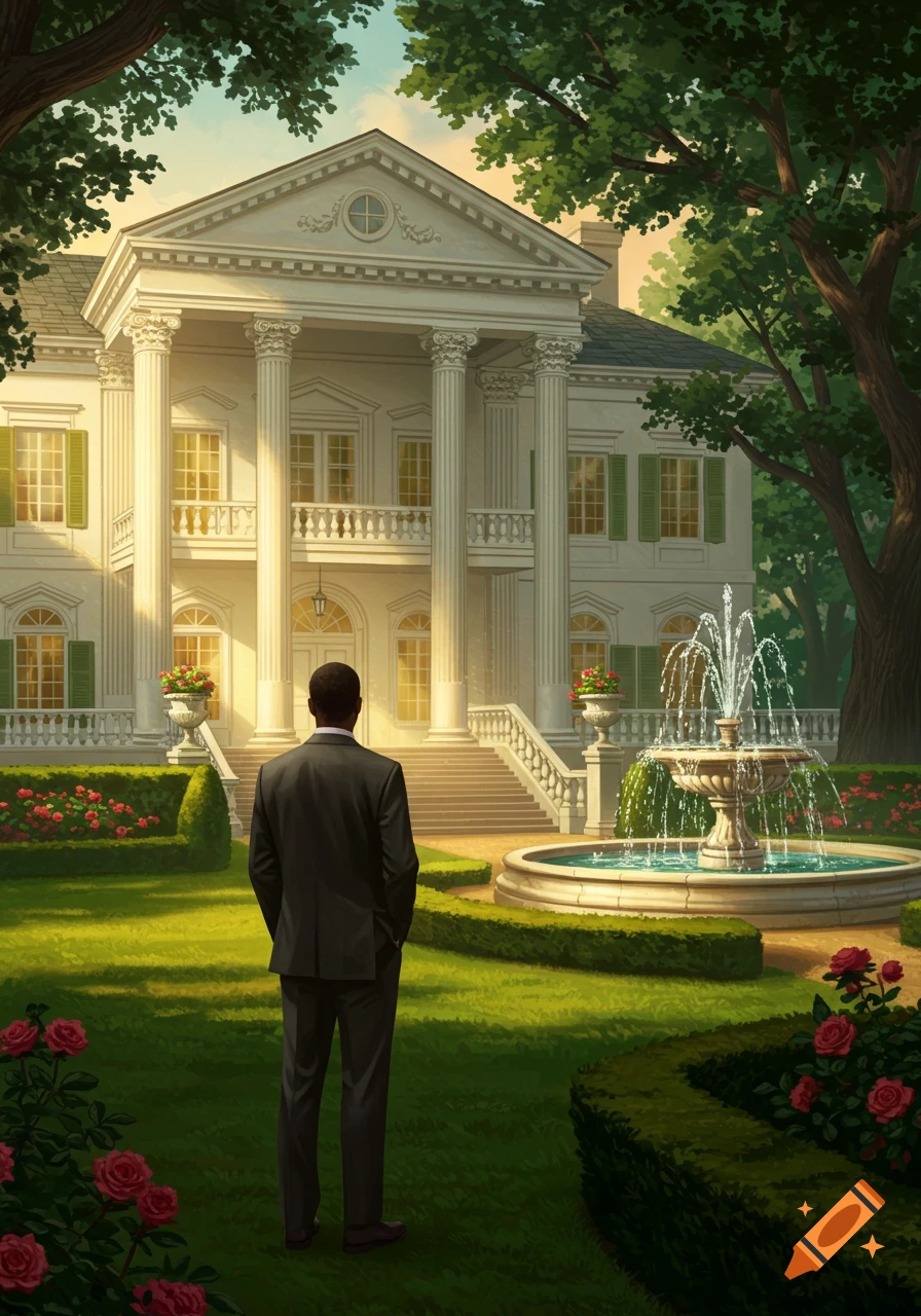 A man in a dark suit stands with his back to the viewer, admiring a grand white classical mansion and a fountain in a lush garden at sunset. Digital painting.