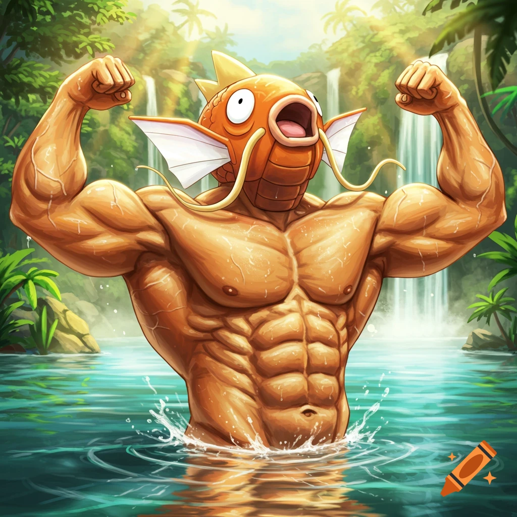 A muscular Magikarp flexing biceps, standing in water in a lush jungle with waterfalls.