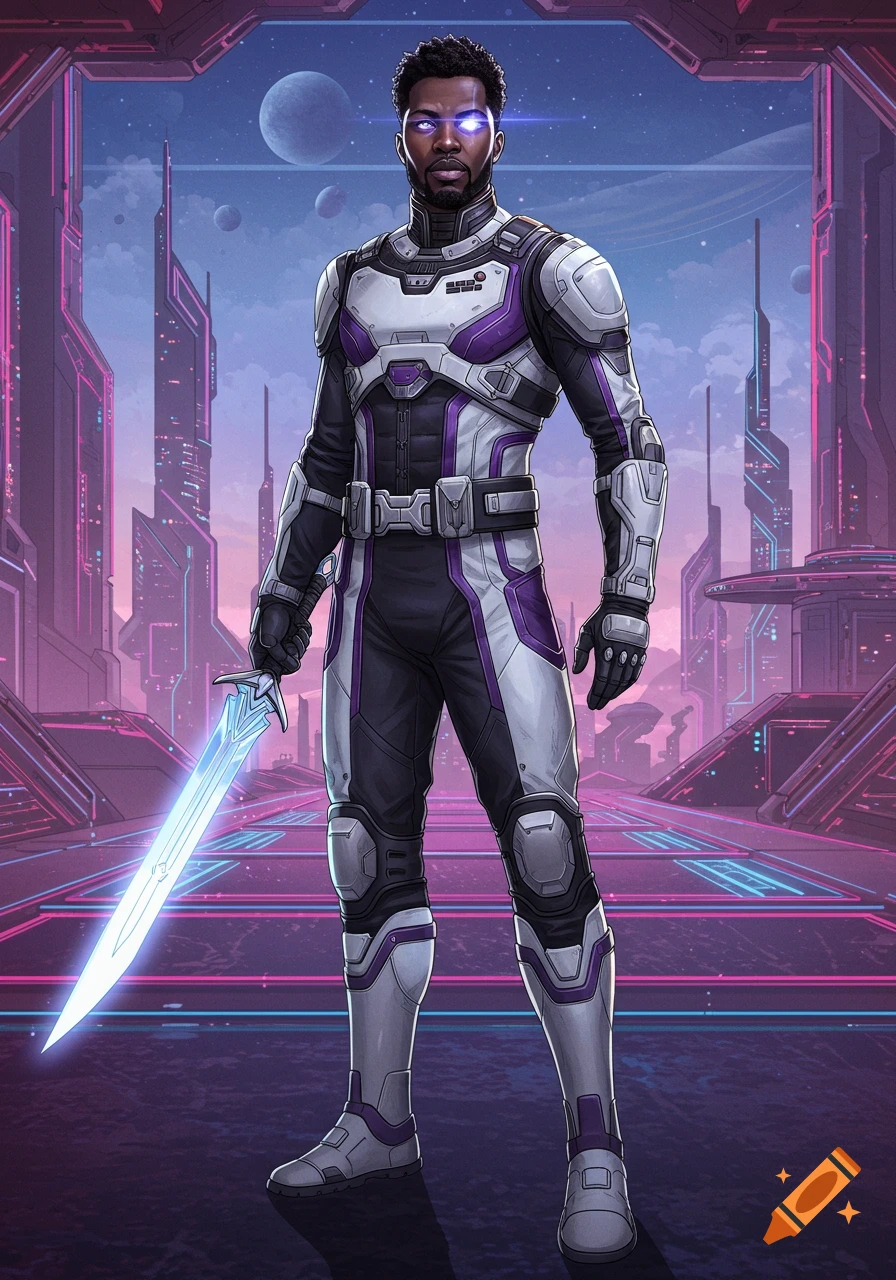 An Afrofuturistic Black man in a purple, black, and white space suit with glowing eyes, holding a light sword in a neon city.