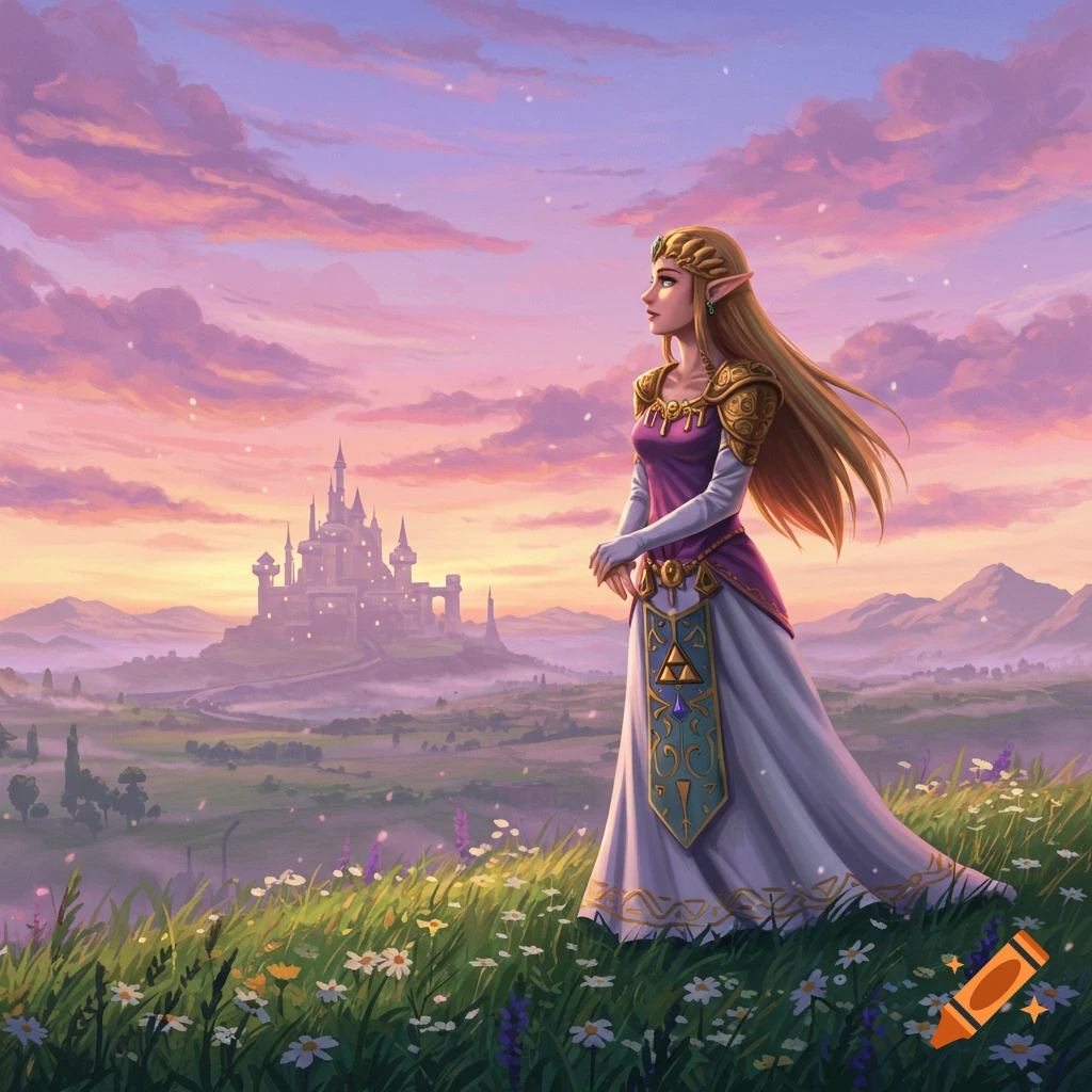 Princess Zelda in a purple and white dress stands in a flower-filled field, looking at a distant fantasy castle under a pastel sunset sky.