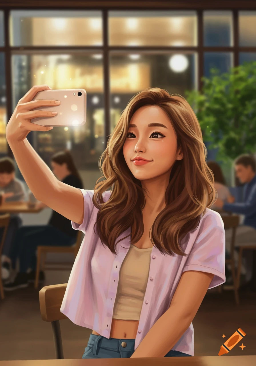 A young woman with brown hair taking a selfie in a cafe, rendered in a stylized digital art style.